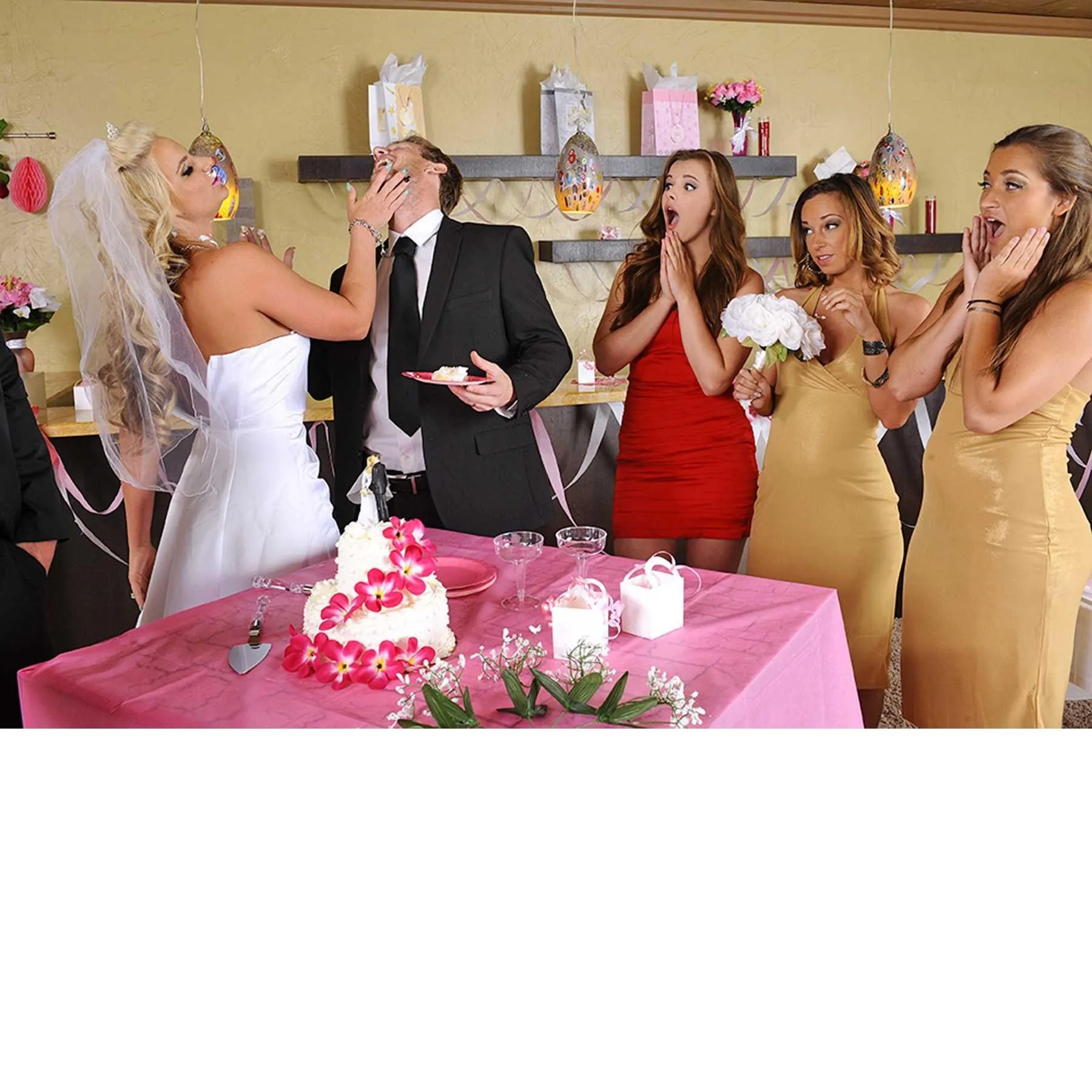 Wedding party with cake