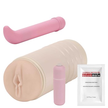 Masturbator, pink vibe and foil lube packet